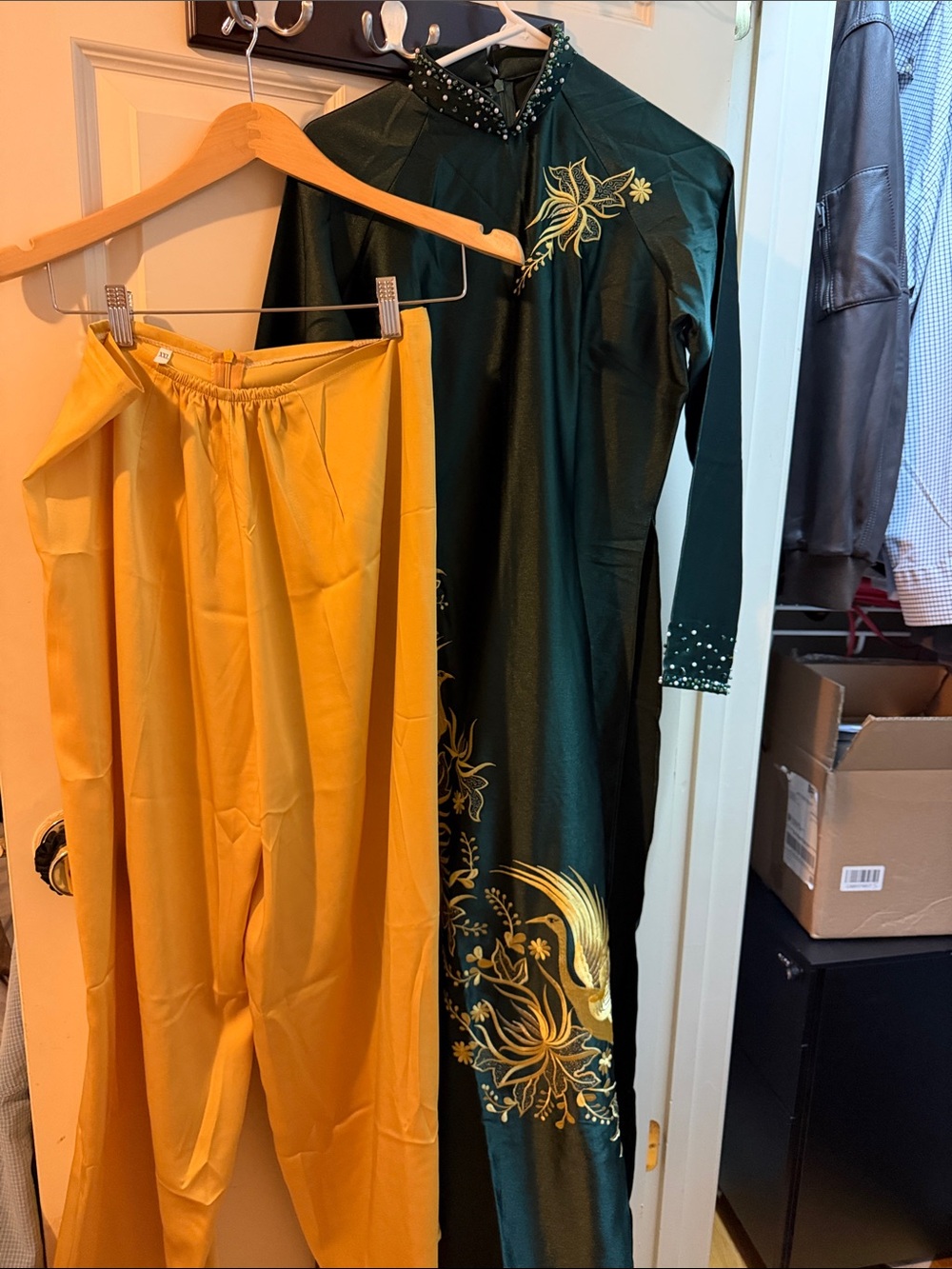 Ao dai-Emerald Green Satin Dress with Gold Embroidered Phoenix-2XL - Picture 6 of 6